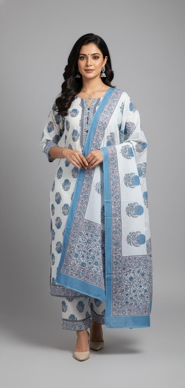 WHITE PRINTED COTTON UNSTITCHED SUIT