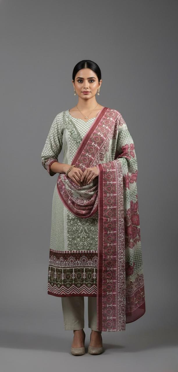 PRINTED COTTON UNSTITCH SUIT WITH MACHINE EMBROIDERY
