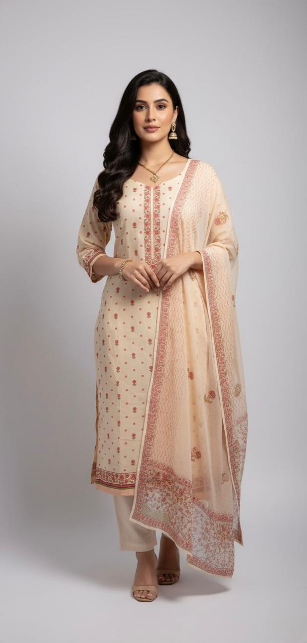 YELLOW MACHINE EMBROIDER UNSTITCHED COTTON SUIT