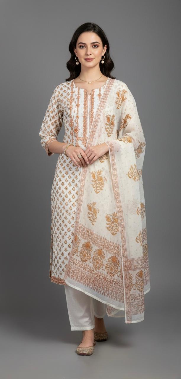 PEACH MACHINE EMBROIDER UNSTITCHED COTTON SUIT