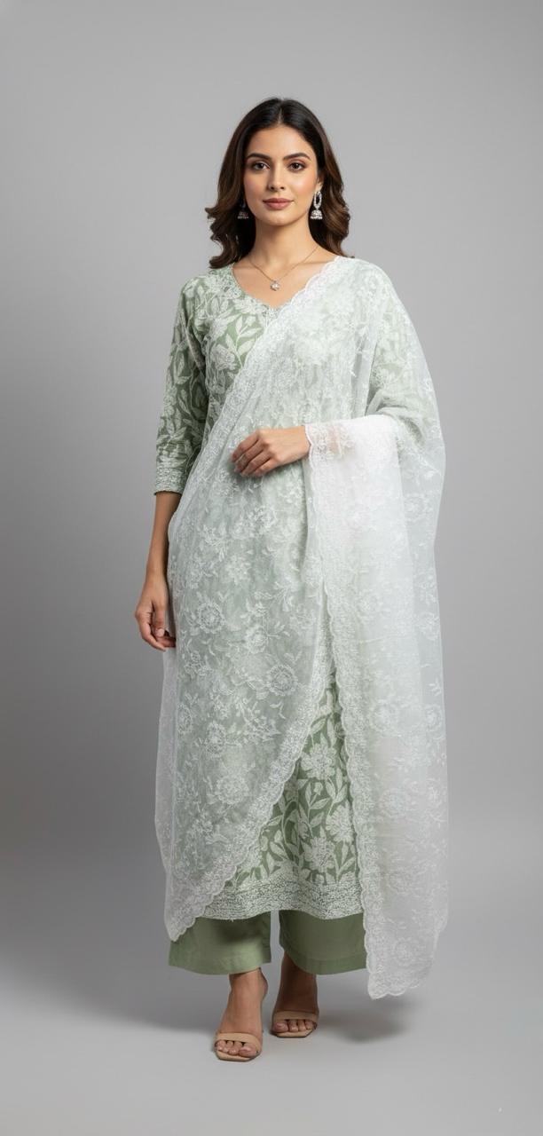 SAGE GREEN PRINTED COTTON UNSTITCHED SUIT