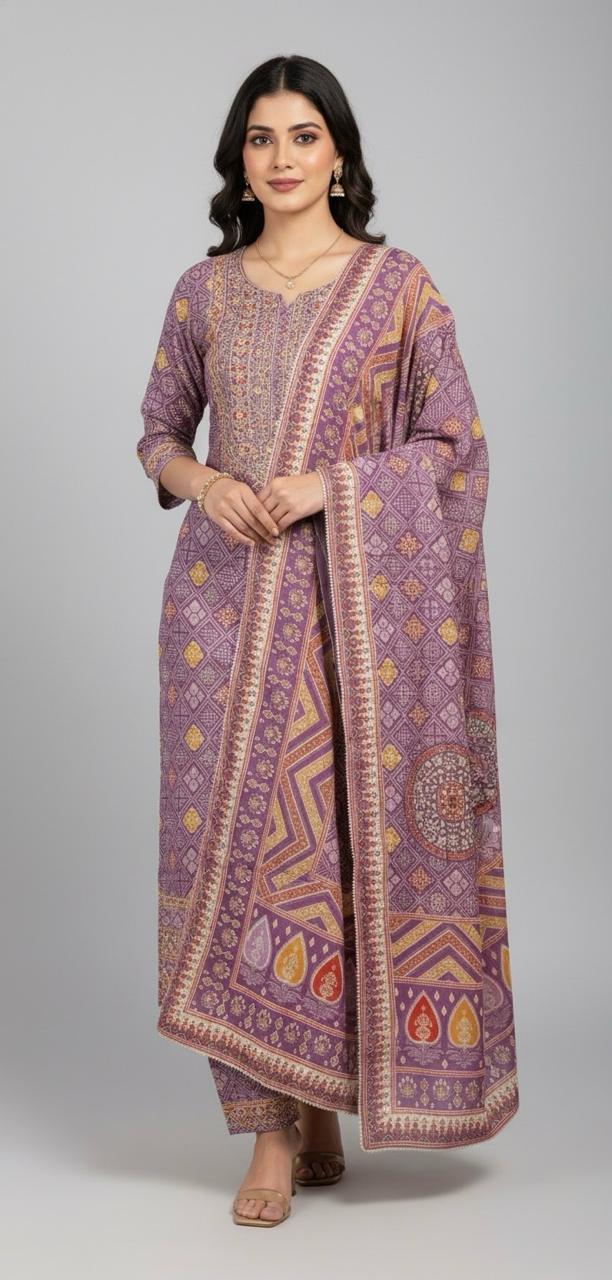 TISSUE SUIT WITH HAND EMBROIDER BANDHEJ PATTERN KURTI