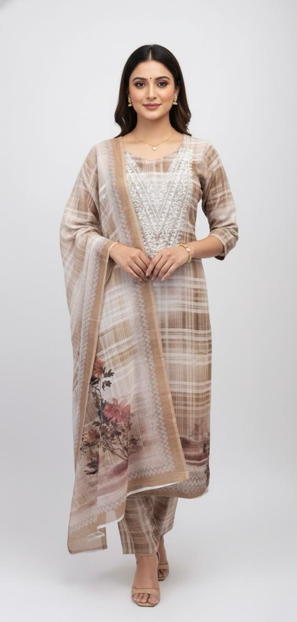 LINEN SUIT WITH CHECKED PATTERN AND CORD WORK