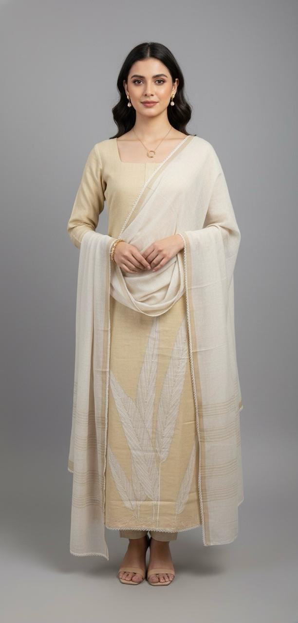 LINEN SUIT WITH NATURAL LEAF MOTIF