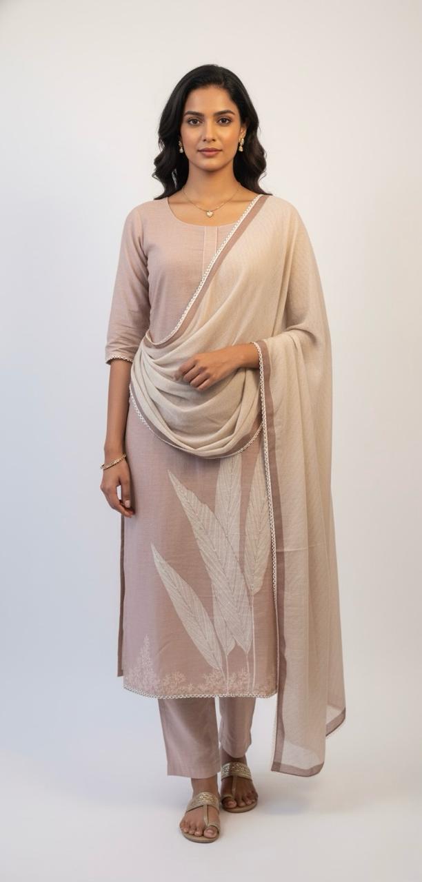 LINEN SUIT WITH NATURAL LEAF MOTIF