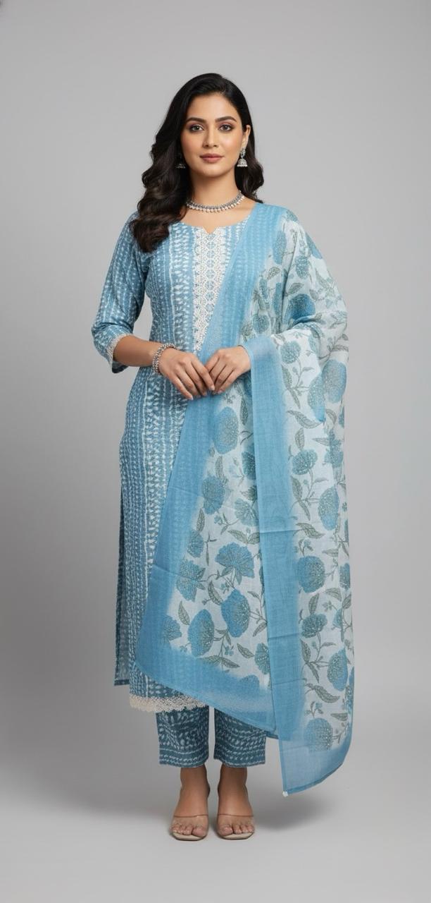 LINEN SUIT WITH MIRROR AND CROCHET WORK