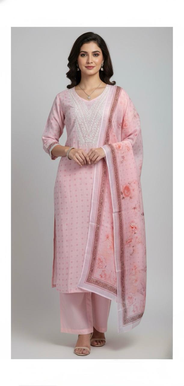 PRINTED LINEN SUIT WITH CORD WORK