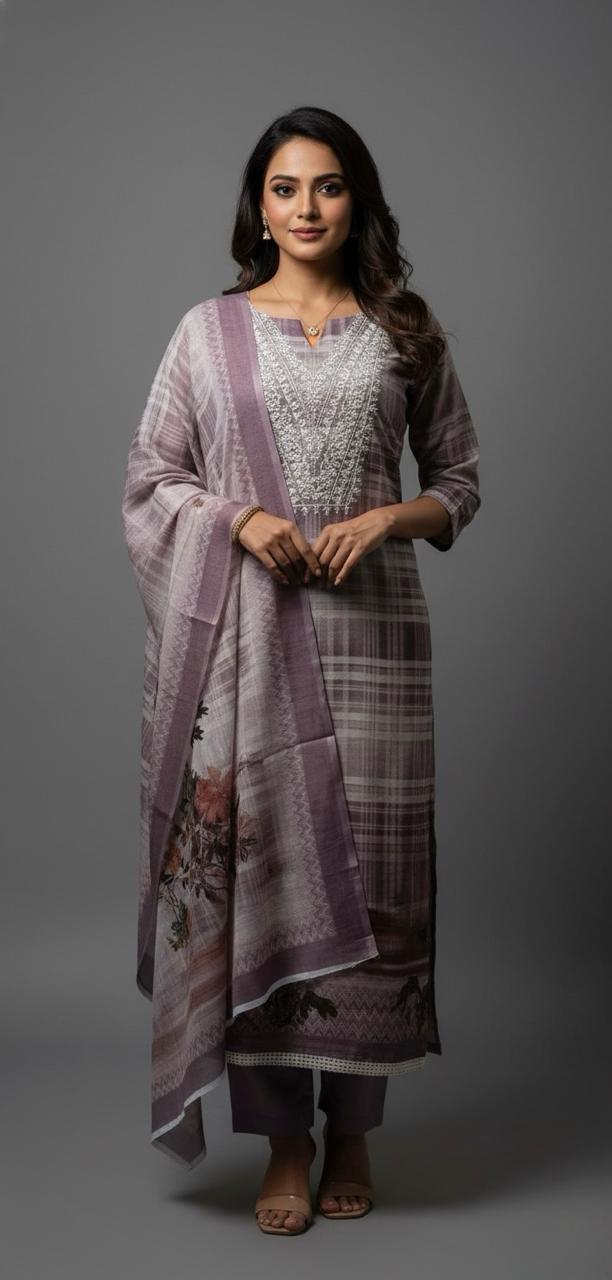 LINEN SUIT WITH CHECKED PATTERN AND CORD WORK