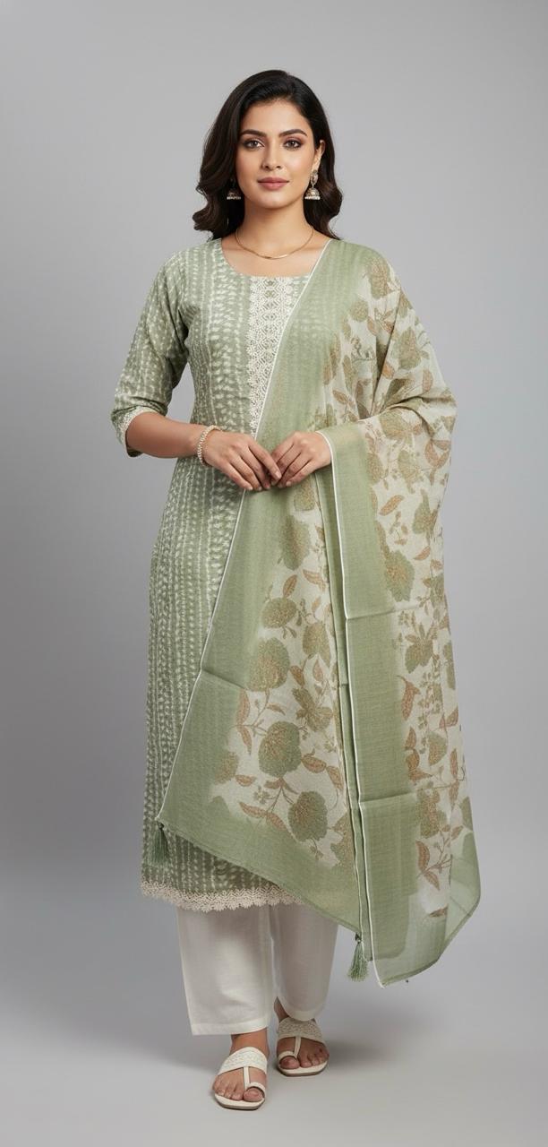 LINEN SUIT WITH MIRROR AND CROCHET WORK