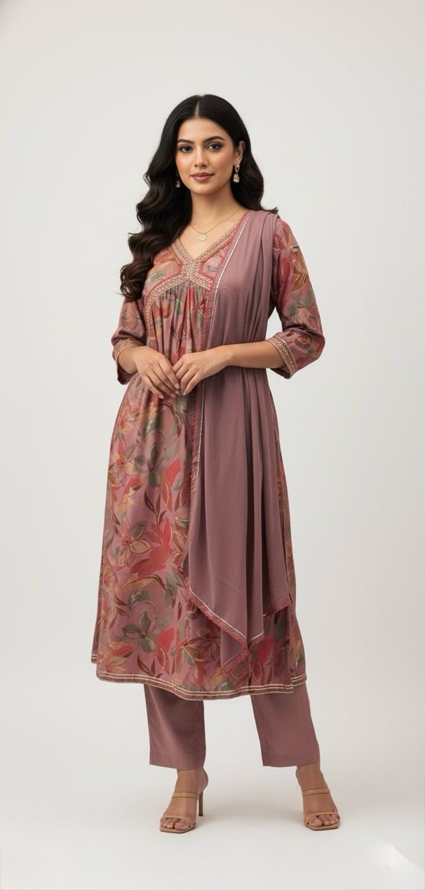 MUSLIN FLORAL PRINT KURTI WITH STRAIGHT PANTS