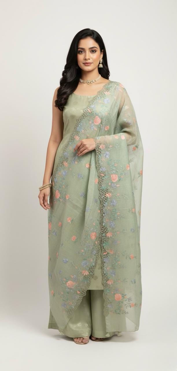 CRAPE JACQUARD SUIT WITH WOVEN FLORAL MOTIFS