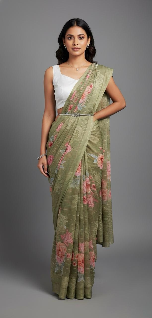 SOFT GREEN CHIFFON SAREE WITH BOLD PRINT
