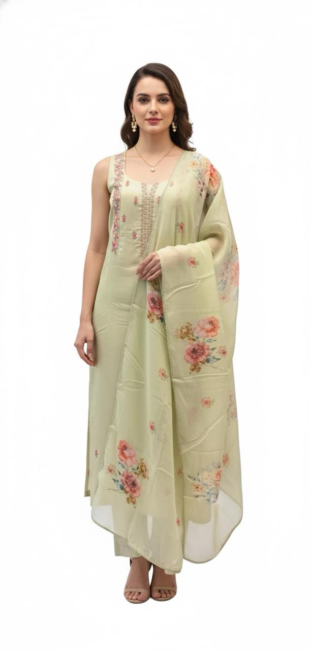 MUSLIN ORGANZA SUIT WITH FLORAL MACHINE EMBROIDERY