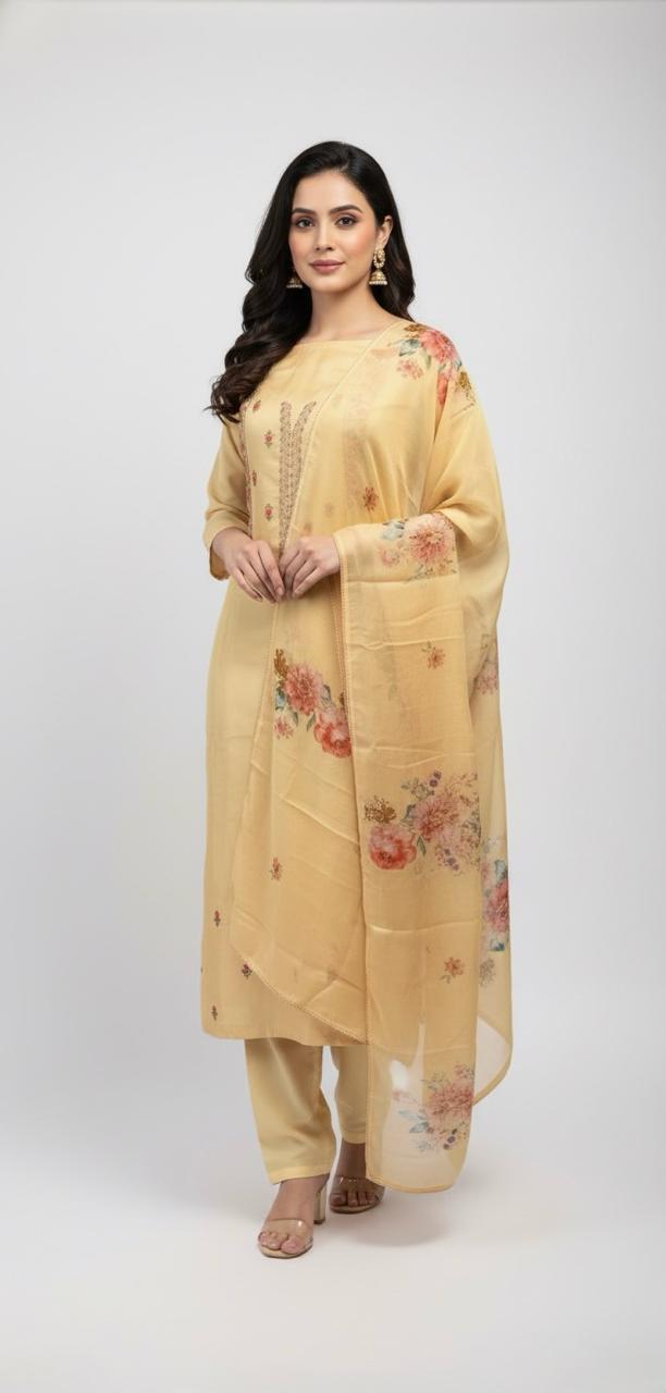 MUSLIN ORGANZA SUIT WITH FLORAL MACHINE EMBROIDERY