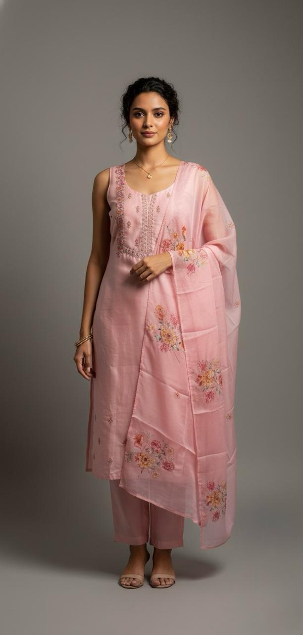 MUSLIN ORGANZA SUIT WITH FLORAL MACHINE EMBROIDERY