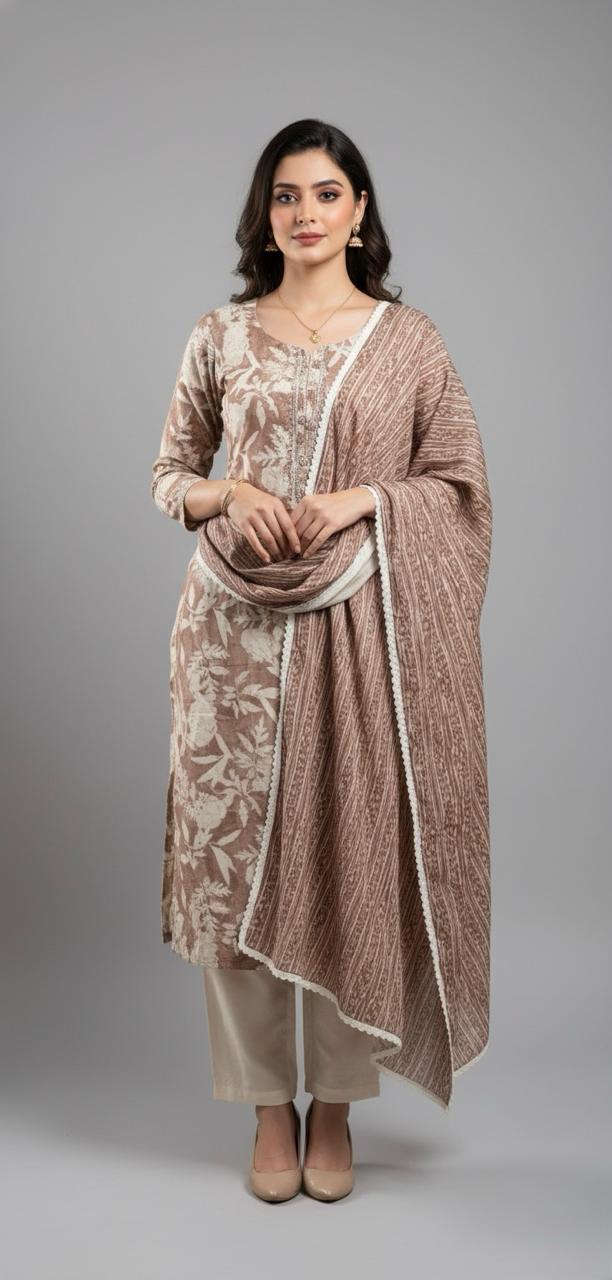 BROWN EMBROIDER COTTON UNSTITCHED SUITS