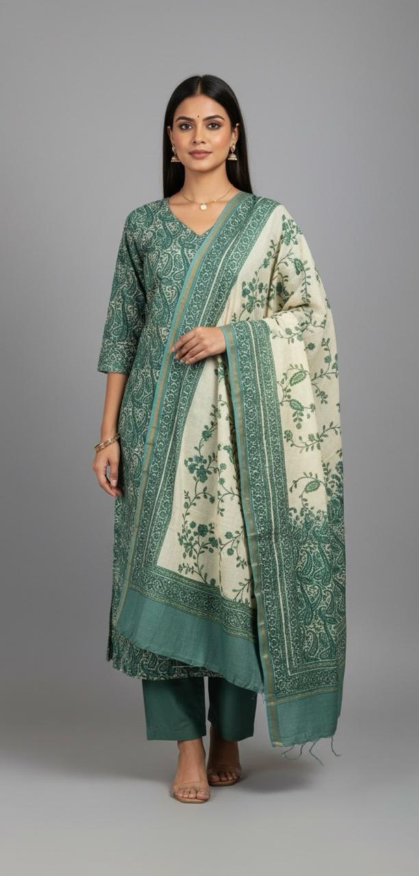 CHANDERI SUIT WITH FLORAL AND PAISLEY DESIGN