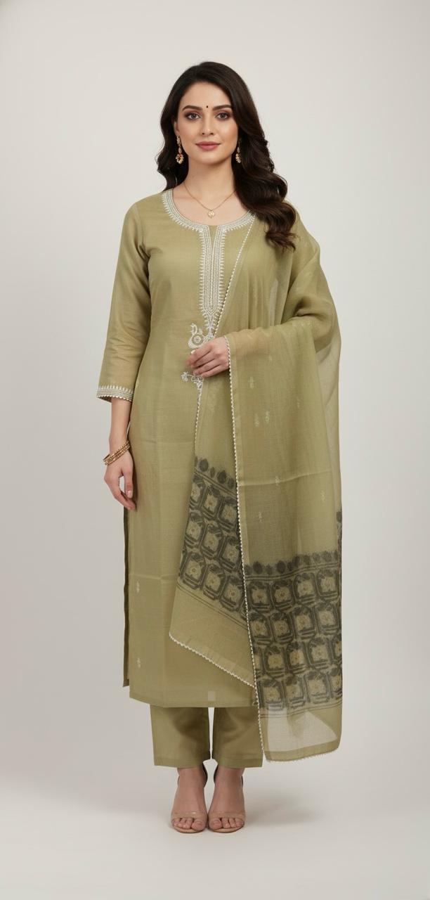 CHANDERI DHAKAI SUIT HIGHLIGHT WITH CORD WORK