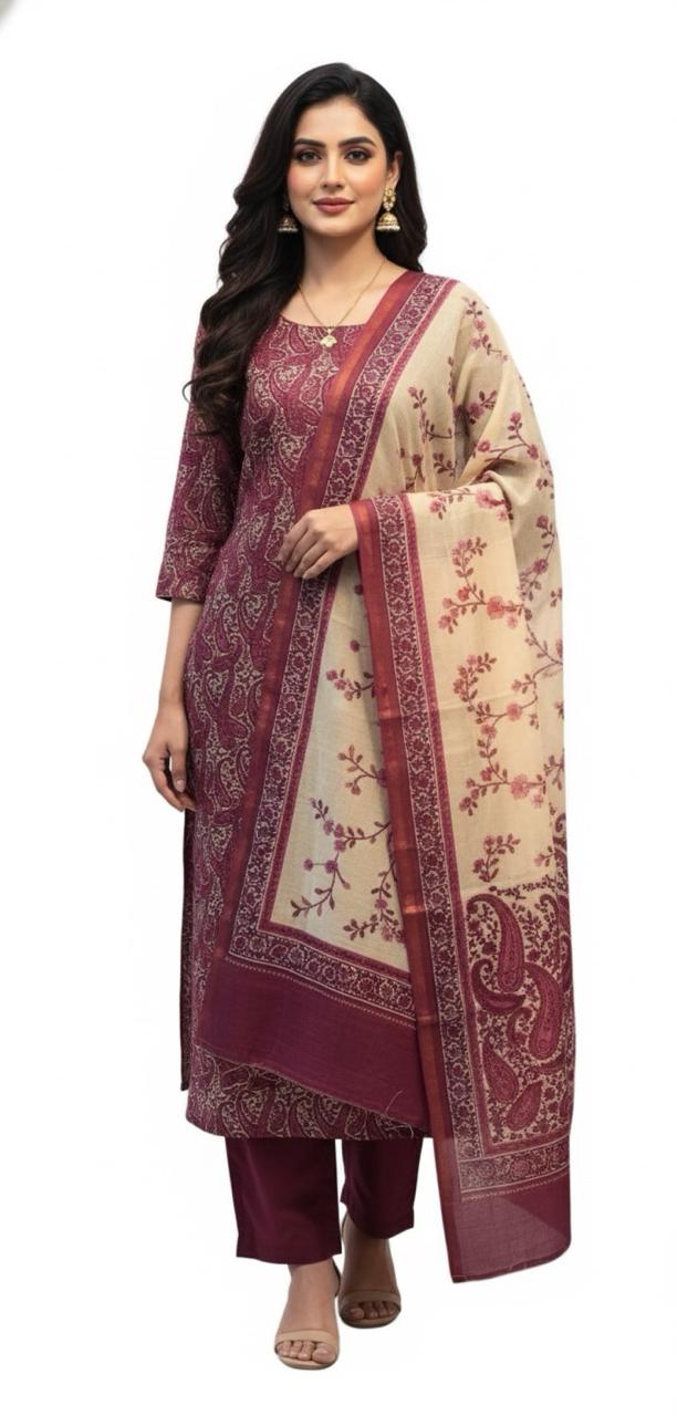 CHANDERI SUIT WITH FLORAL AND PAISLEY DESIGN