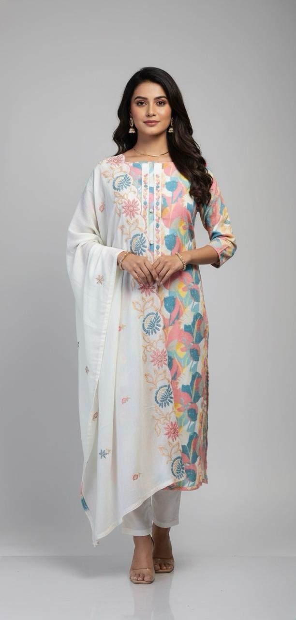 CHANDERI SUIT WITH DIGITAL ABSTRACT DESIGN