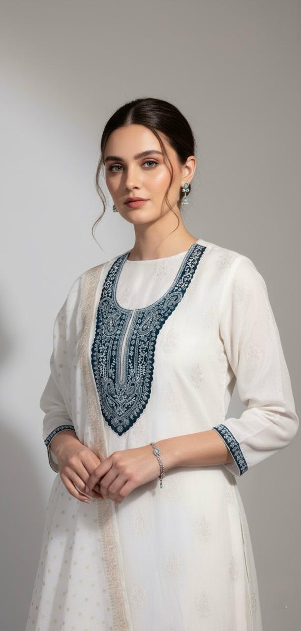 CHANDERI SUIT WITH THREAD AND CROCHET WORK