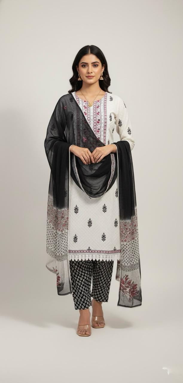 Soft, elegant, and effortless – Cotton suit with crochet yoke, perfect suits for women.