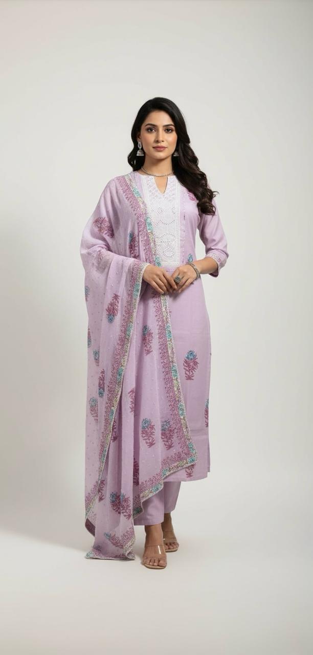 Traditional charm meets modern elegance – cotton suits for women with intricate machine embroidery yoke.