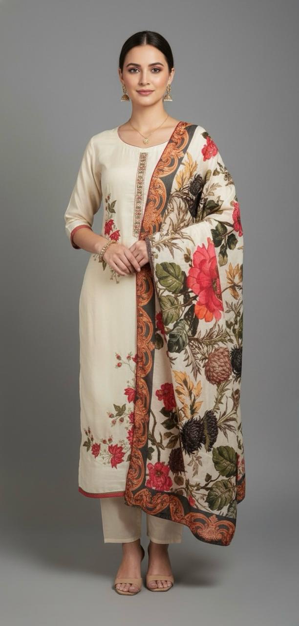Muslin suit with exquisite hand embroidery, paired with a floral muslin dupatta — elegant suits for women.