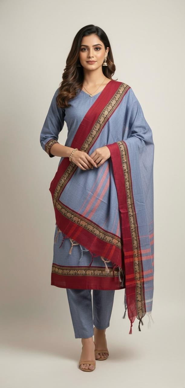 SOUTH POCHAMPALLY SUIT PAIRED WITH RED AND GOLD ZARI BORDER