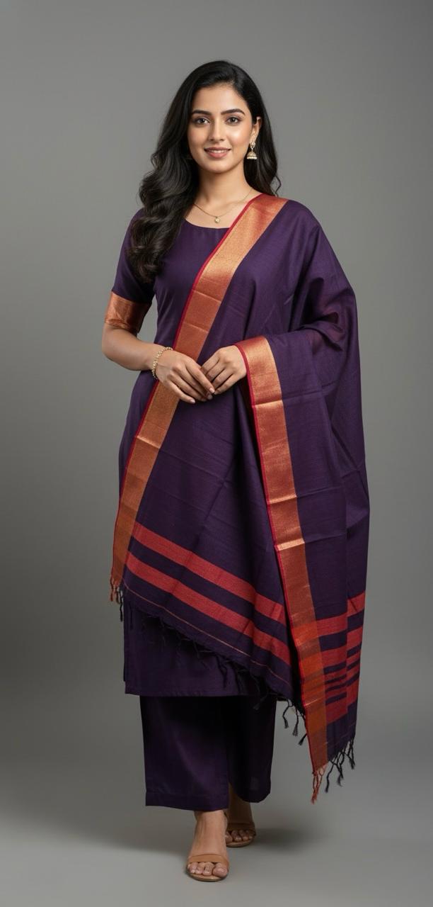 SOUTH POCHAMPALLY SUIT PAIRED WITH RED AND GOLD ZARI BORDER