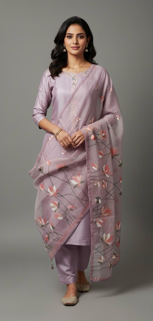 MUSLIN SUIT WITH FLORAL MACHINE EMBROIDERY