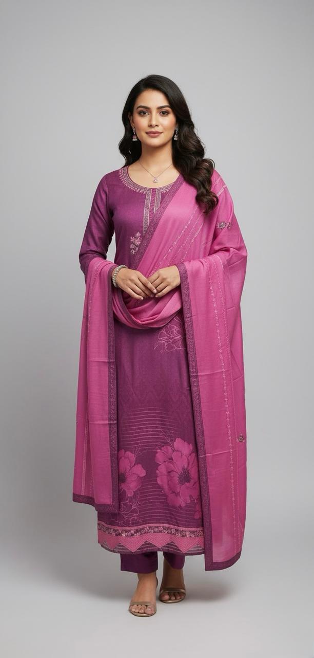 Soft muslin suit adorned with delicate machine embroidery, paired with a matching muslin embroidered dupatta — casual suit for womens.