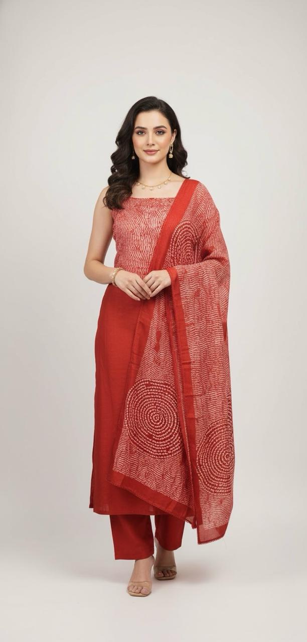 Soft muslin suit with elegant Shibori-style yoke, paired with a full Shibori dupatta — effortlessly chic