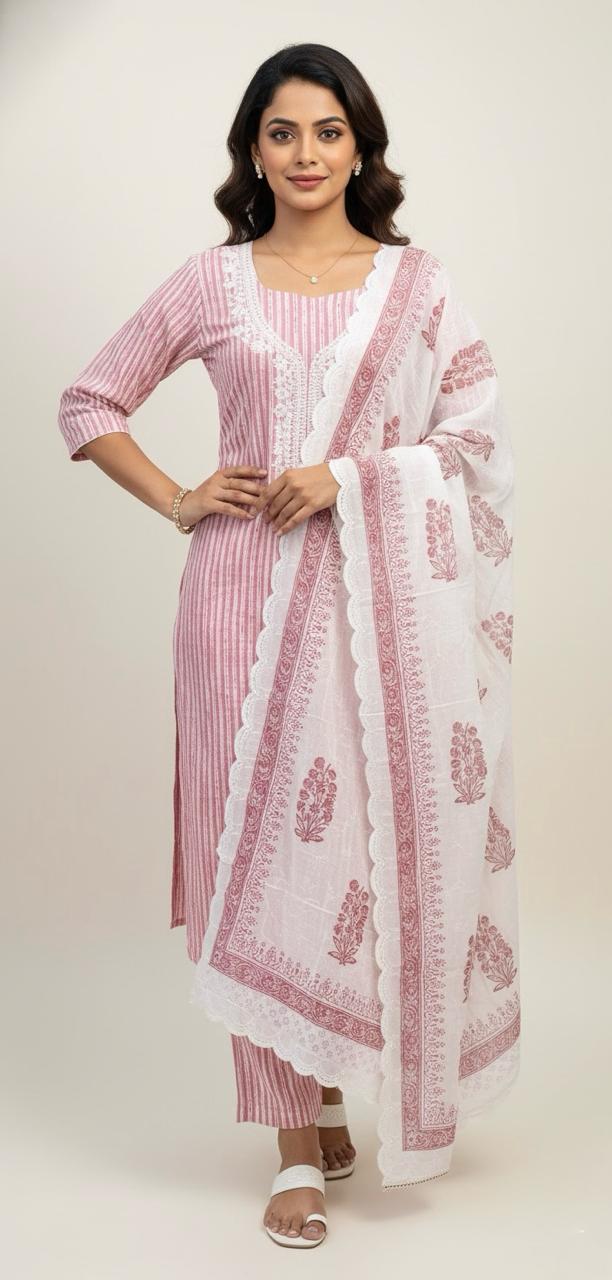 STRIPES COTTON SUIT WITH COD WORK