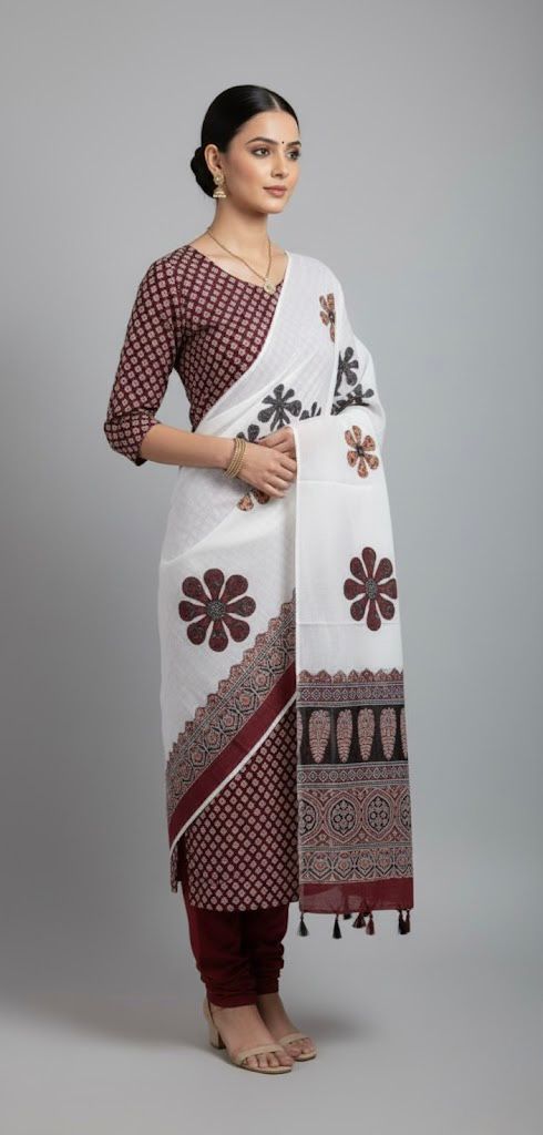 RED FLORAL PRINT COTTON UNSTITCHED SUIT