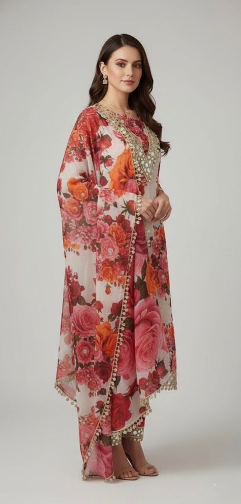 SEMI SILK UNSTITCH SUIT ADORNED WITH MIRROR WORK