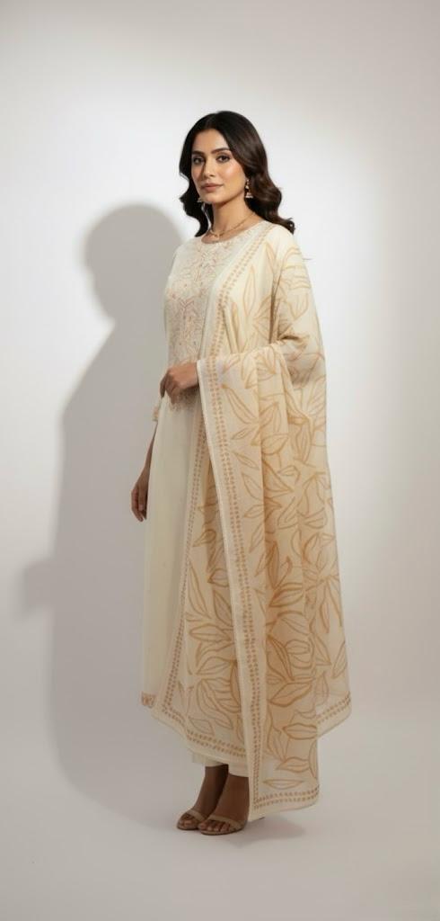 Grey Printed Unstitched Cotton Suit Paired with a Soft Muslin Dupatta – Premium Suits for Women