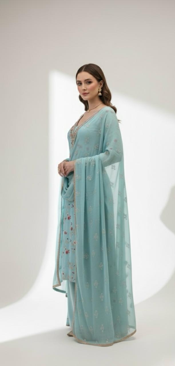 GEORGETTE SUIT WITH FULL HAND AND MACHINE EMBROIDERY