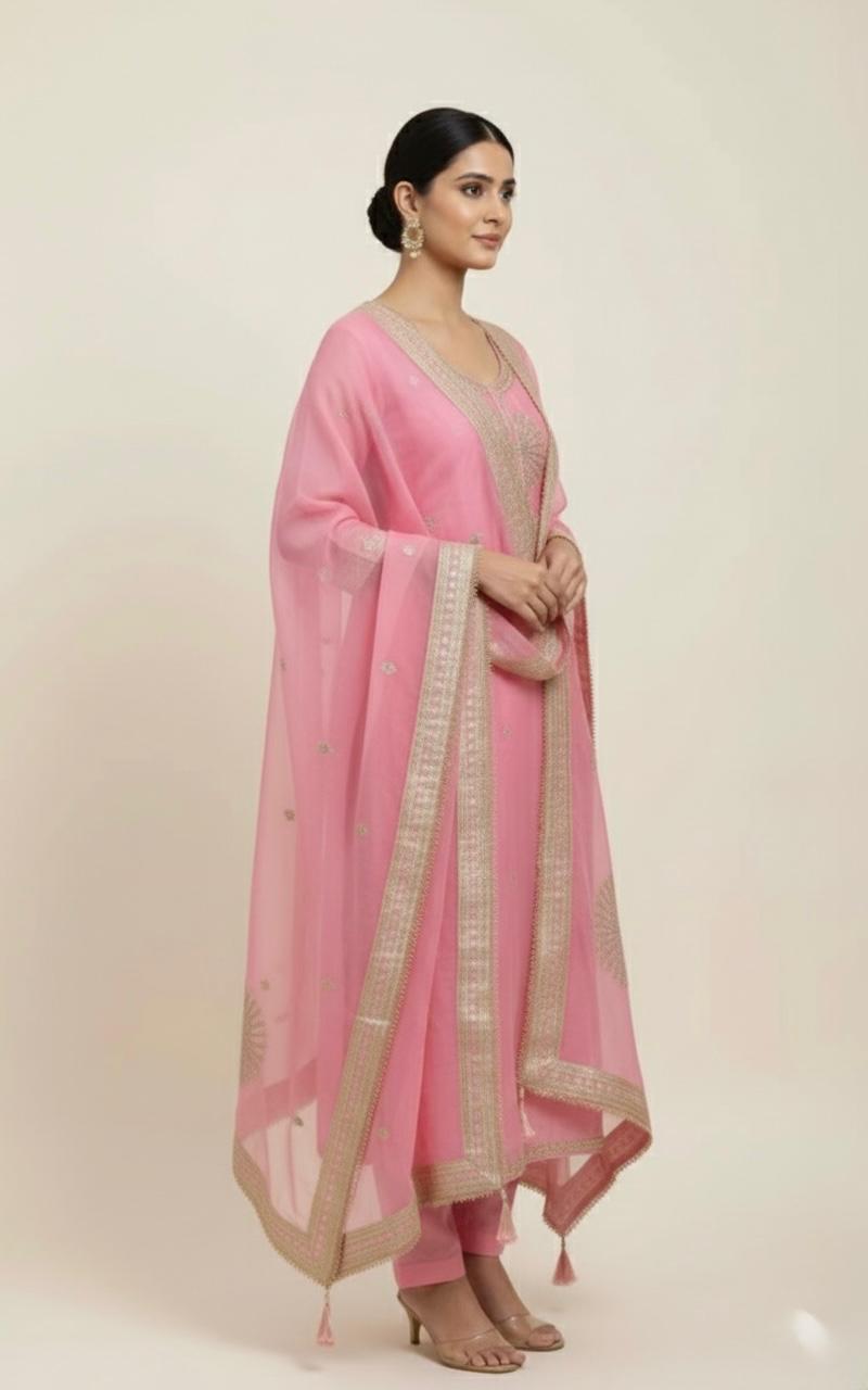 TISSUE UNSTITCH SUIT ADORNED WITH  MACHINE AND BEAD WORK