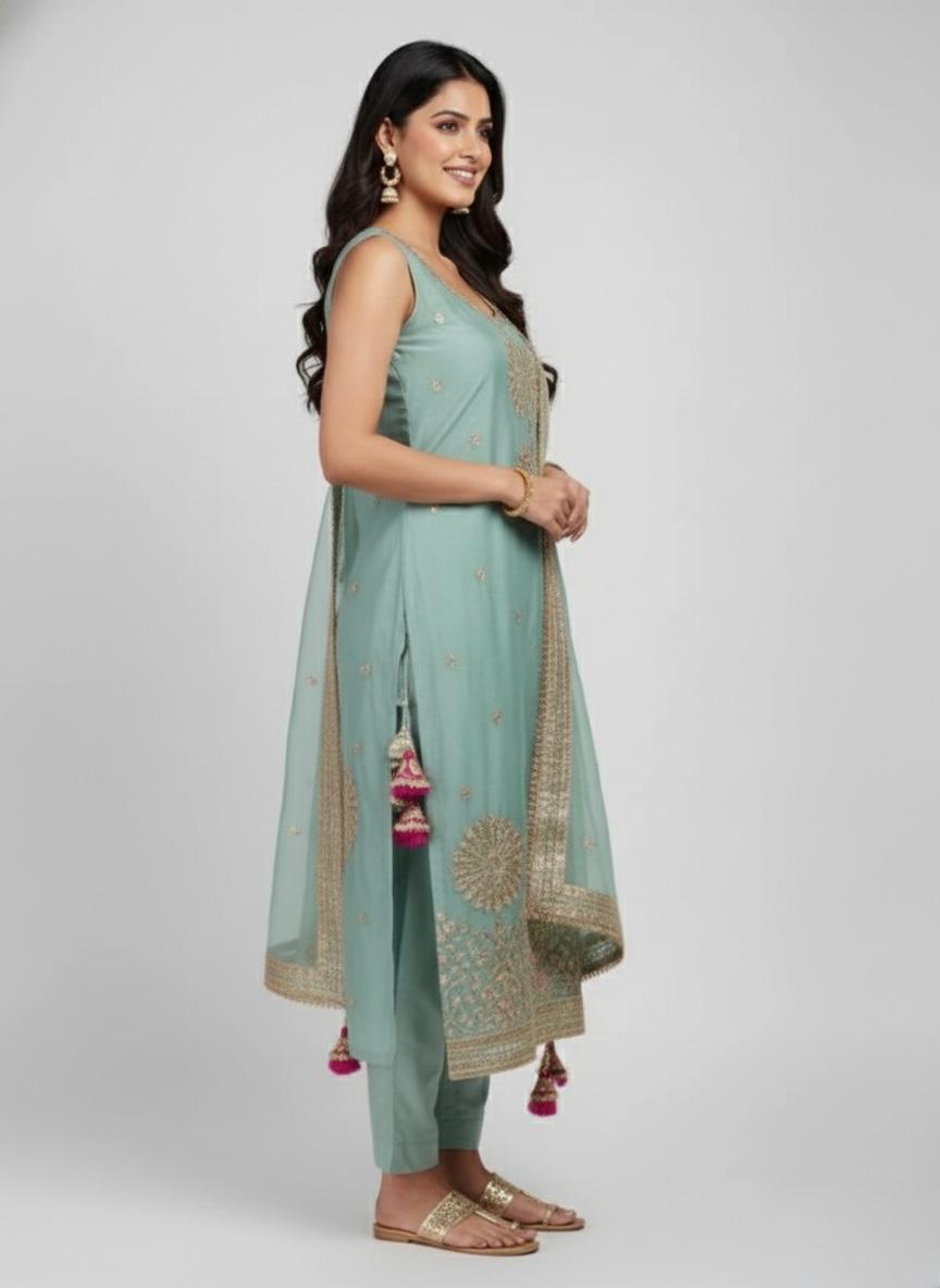 TISSUE UNSTITCH SUIT ADORNED WITH  MACHINE AND BEAD WORK