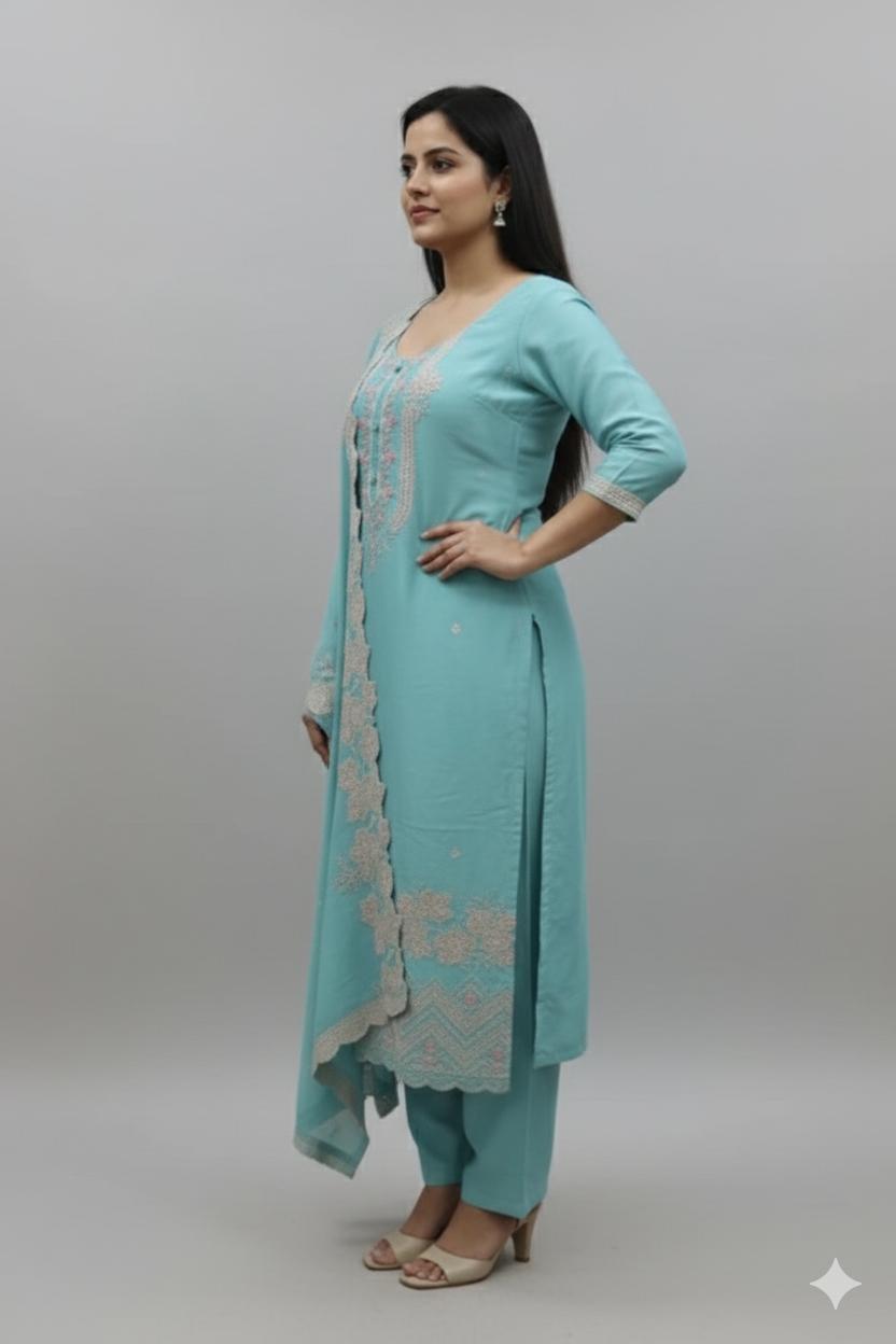 TISSUE UNSTITCH SUIT HIGHLIGHT  WITH PRESTUCTURE STONE WORK NECK