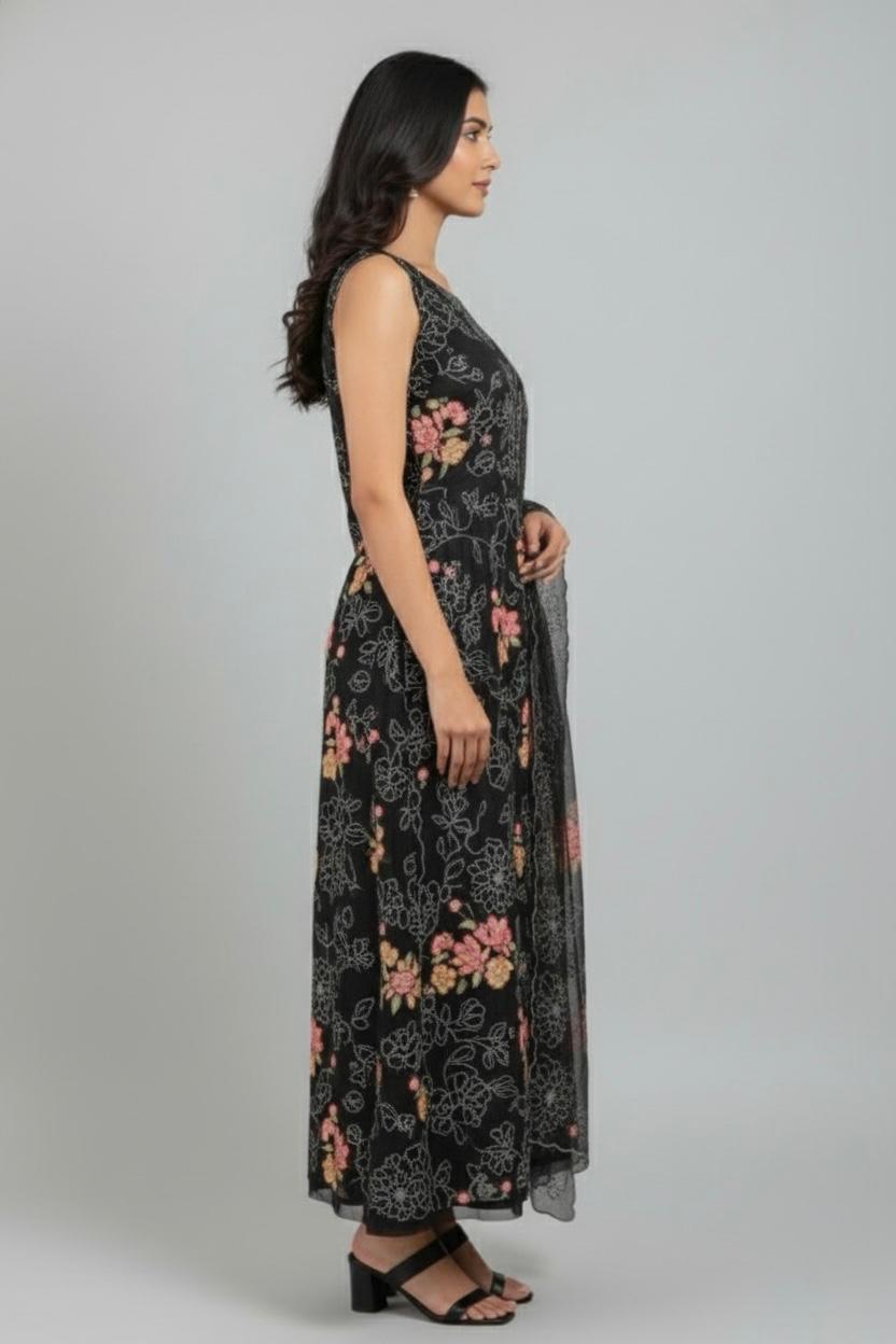 CRUSH ORGANZA UNSTITCH SUIT HIGHLIGHT WITH MACHINE EMBROIDERY