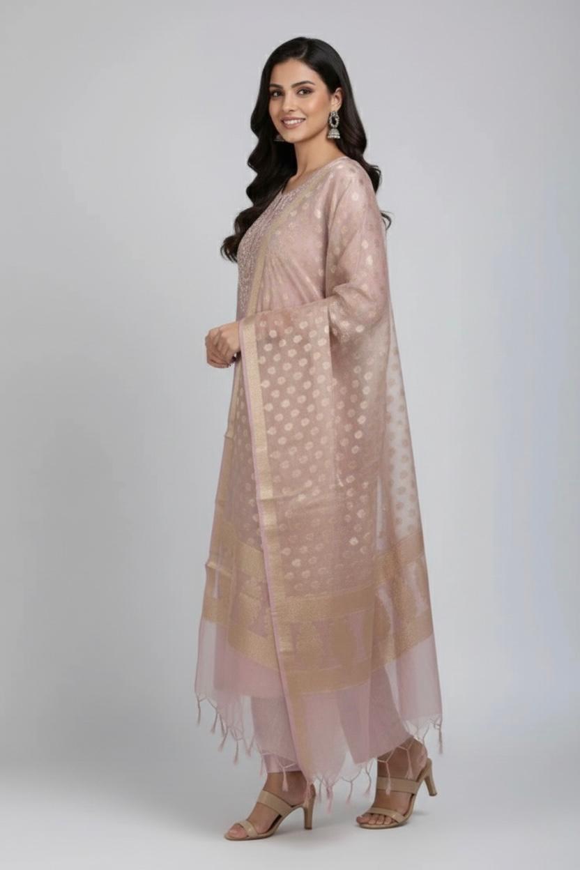 TISSUE UNSTITCH SUIT ,HIGHLIGHT WITH ZARI MACHINE EMBROIDERY