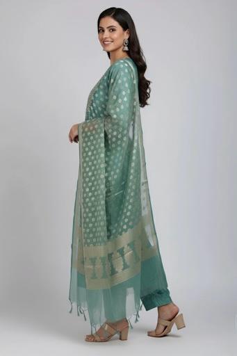 TISSUE UNSTITCH SUIT ,HIGHLIGHT WITH ZARI MACHINE EMBROIDERY