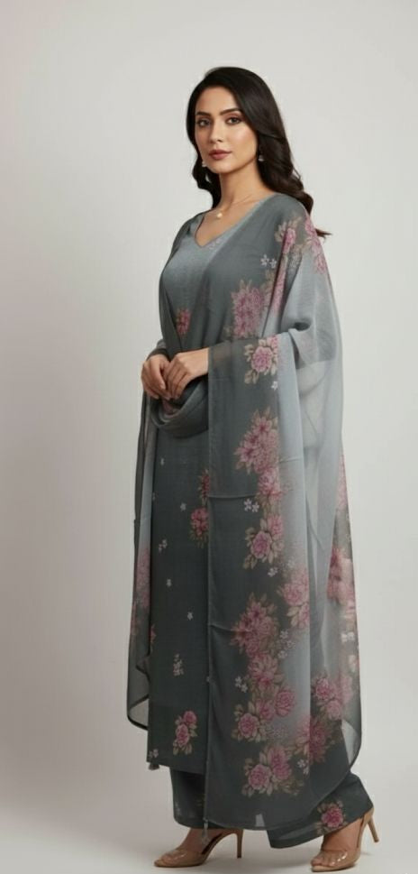 Delicate crochet detailing meets airy printed chiffon — perfect suits for women