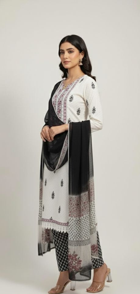 Soft, elegant, and effortless – Cotton suit with crochet yoke, perfect suits for women.