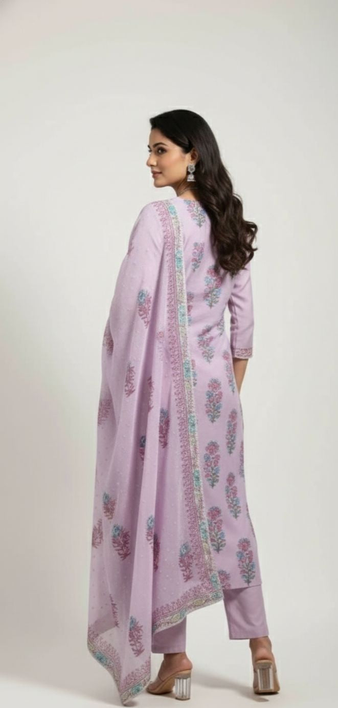 Traditional charm meets modern elegance – cotton suits for women with intricate machine embroidery yoke.