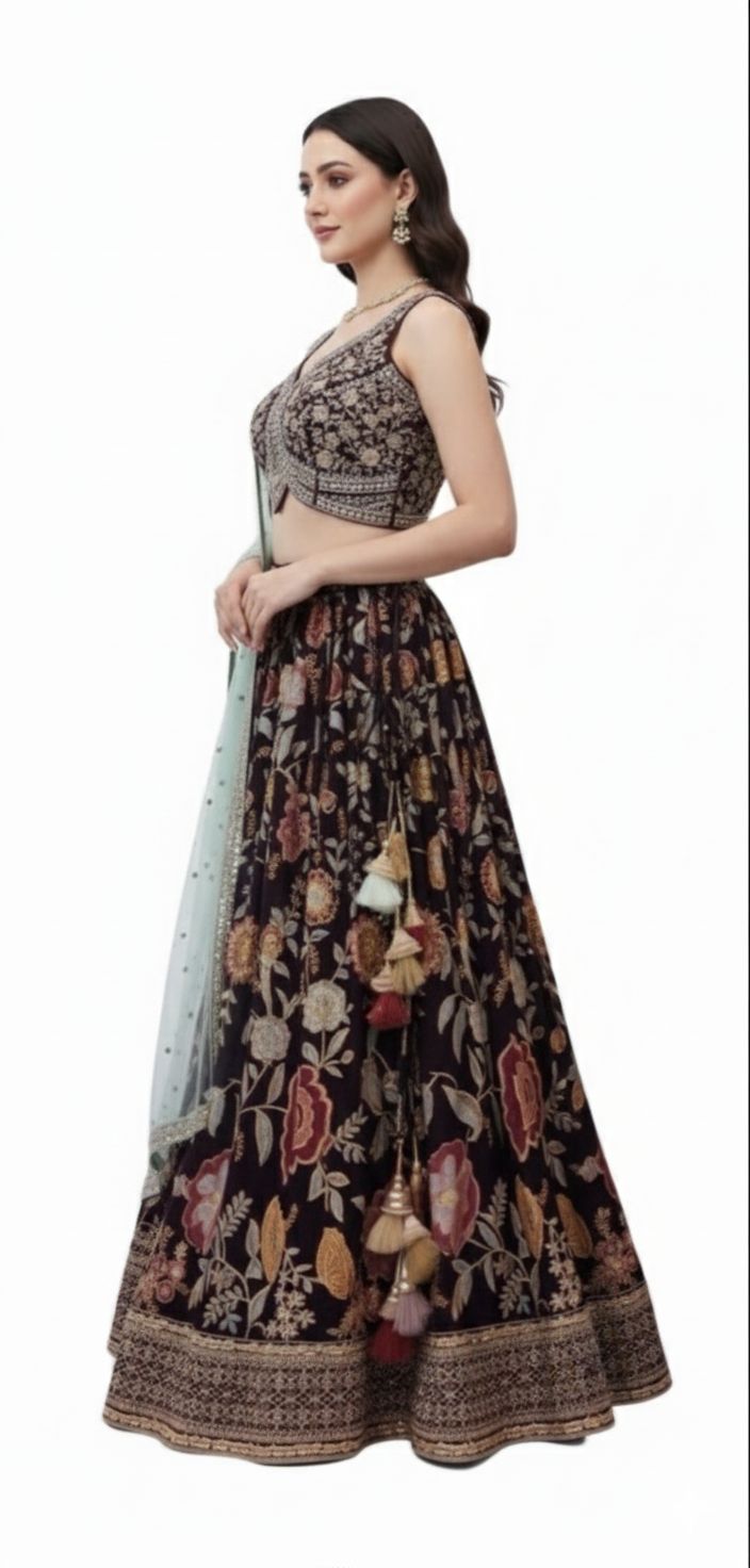 Georgette machine-embroidered lehanga with blouse — a stunning bridal lehanga for women.