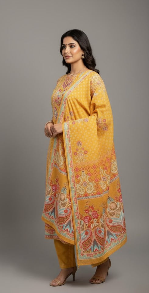 Playful patterns meet soft muslin fabric — perfect printed suit for women.